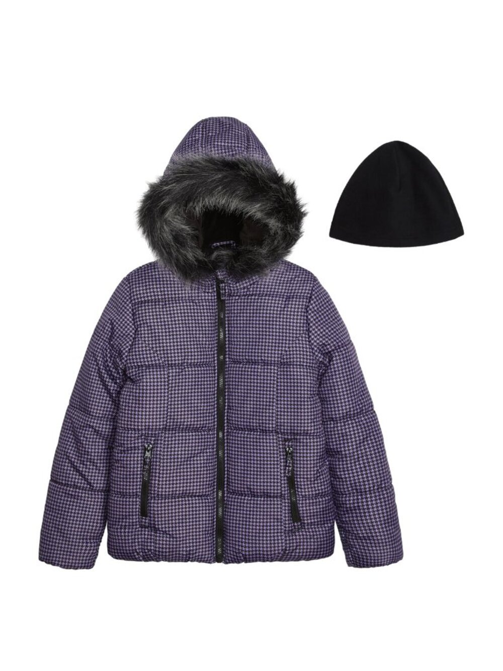New LONDON FOG Puffer Hood Jacket and Matching Beanie Purple Houndstooth Size 2T
